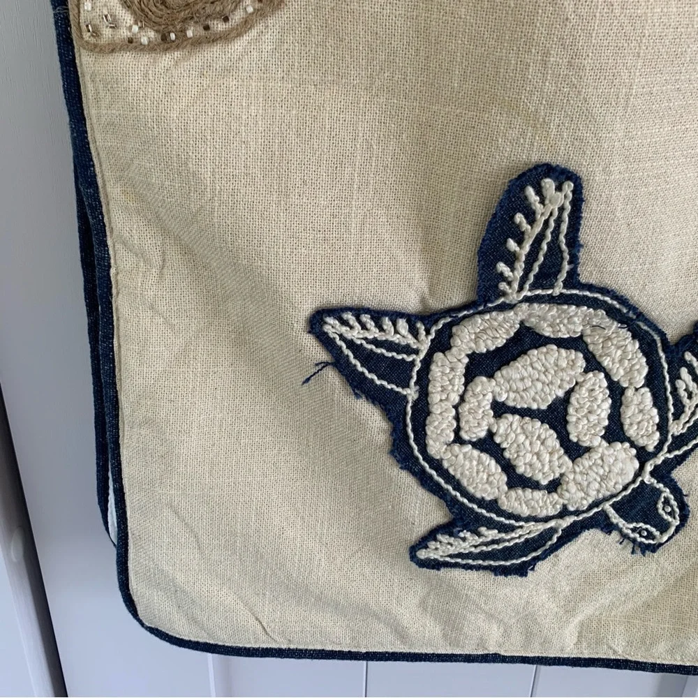 Embroidered Sea Turtle Runner - Navy & Beige